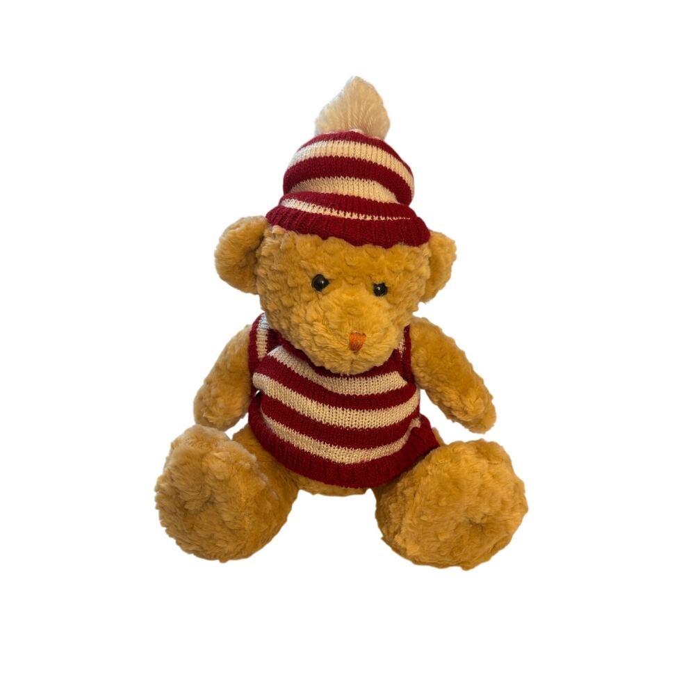 Creative Creations fuzzy brown Teddy bear with striped red white sweater & hat